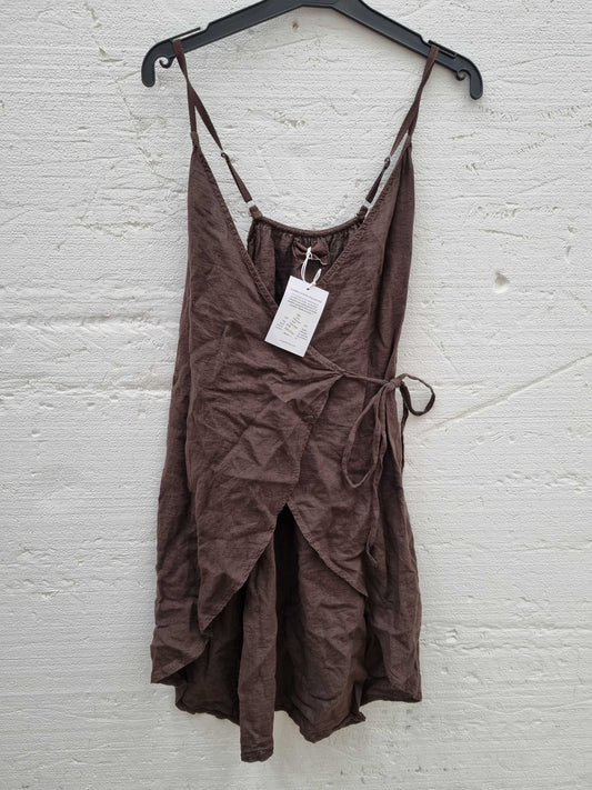 RODIER Brown Wrap Linen Mini Dress Brown Small/Medium