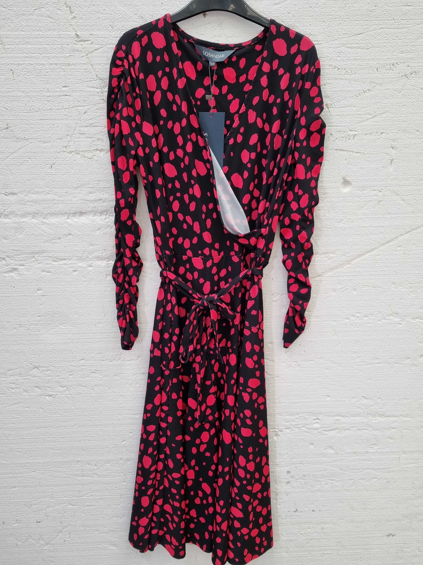 Black & Pink Fleck Print Ruched Shoulder Wrap Jersey Dress Black & Pink UK  12