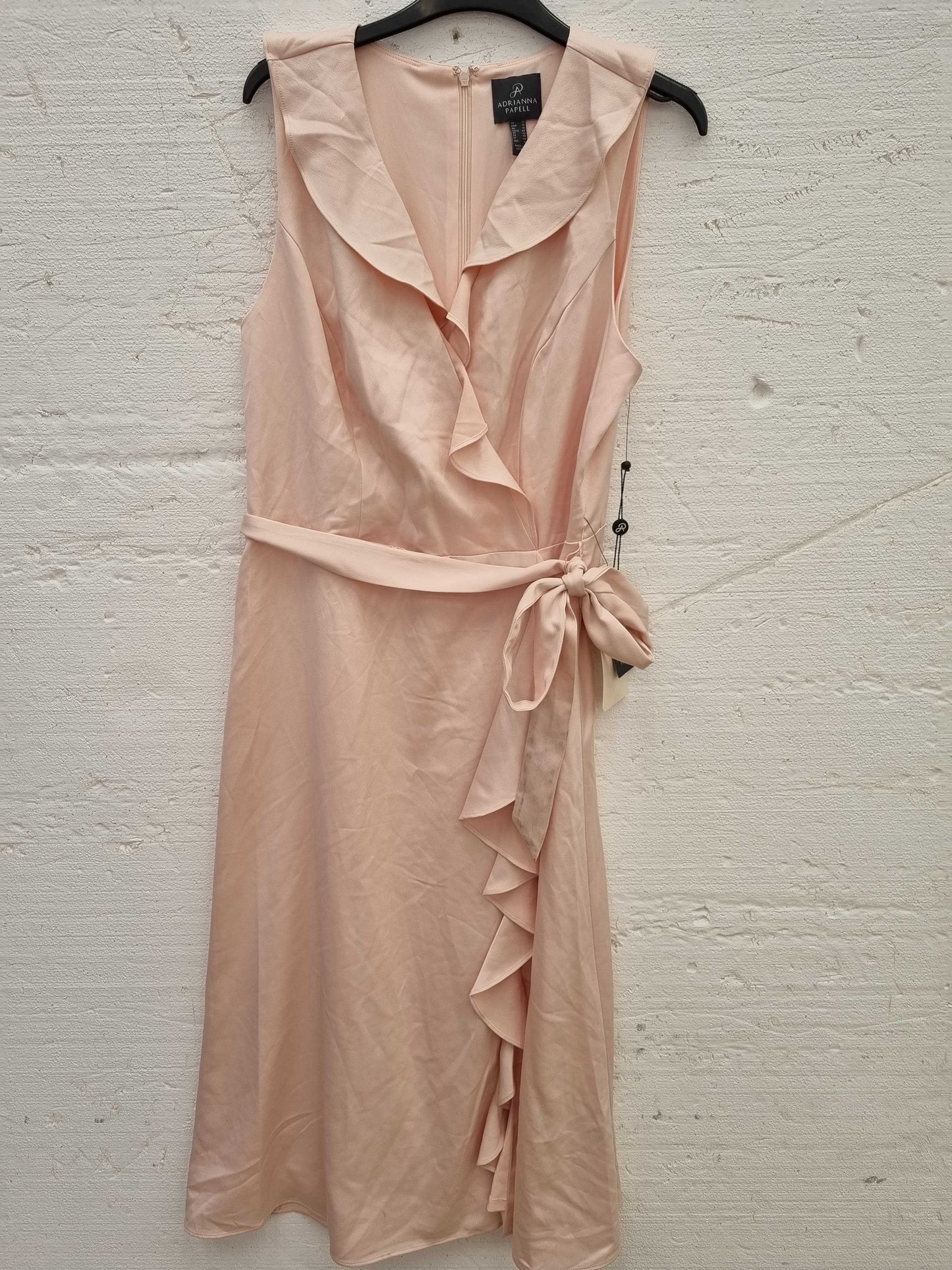 Adrianna Papell  Satin Crepe Ruffle Wrap Midi Dress Blush UK  16