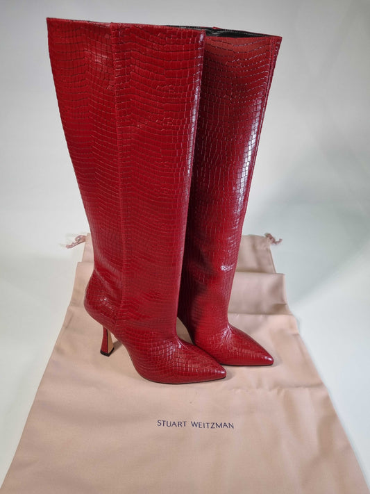 Stuart Weitzman  Red Parton Croc Embossed Leather Boots Red 36