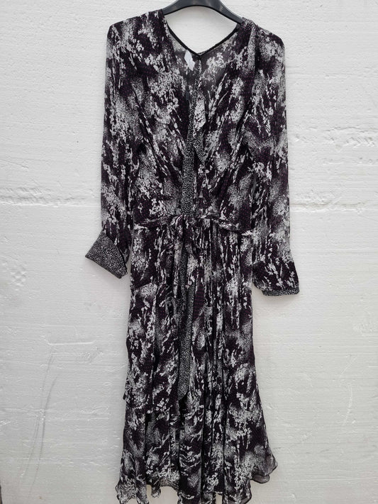 Reiss Callie Belted Ruffle Printed Midi Dress Black  UK 12