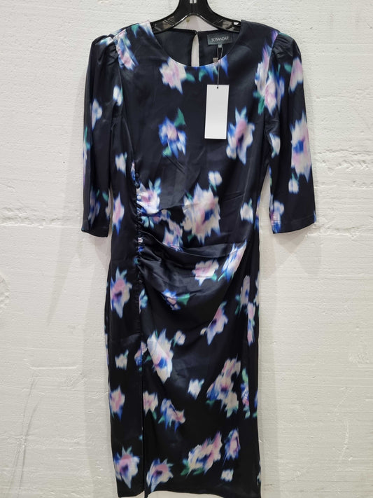 Blue Floral Print Ruched Side Satin Midi Dress Blue Uk 12