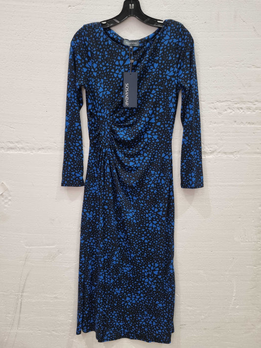 Blue & Black Heart Print Ruched Front Midi Jersey Dress Black & Blue Uk 10