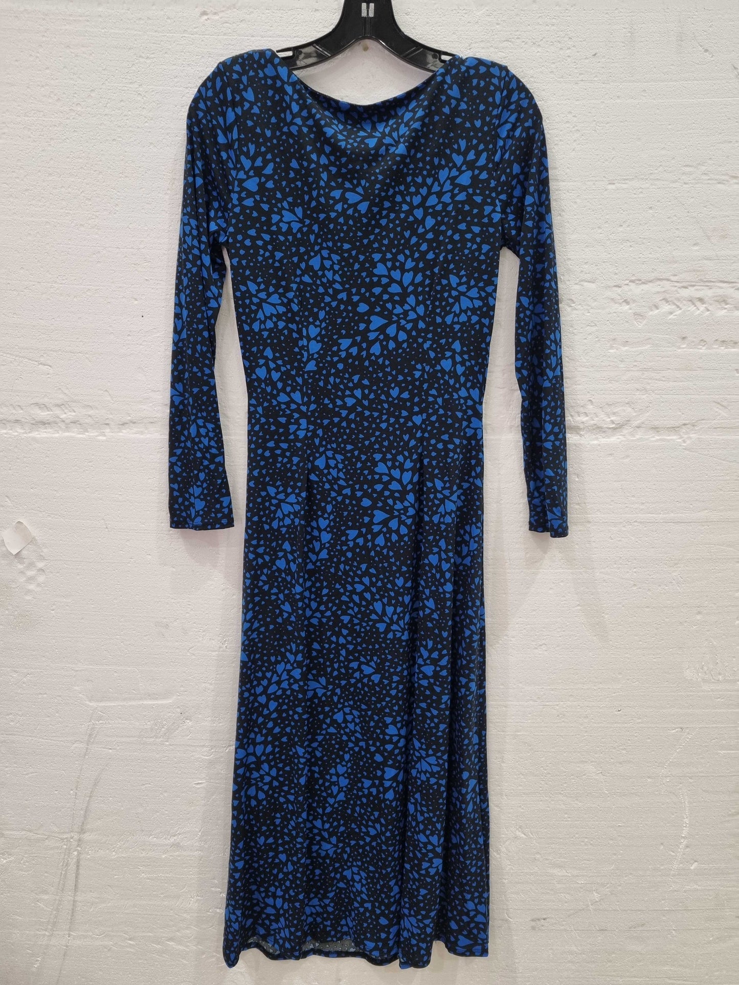 Blue & Black Heart Print Ruched Front Midi Jersey Dress Black & Blue Uk 10