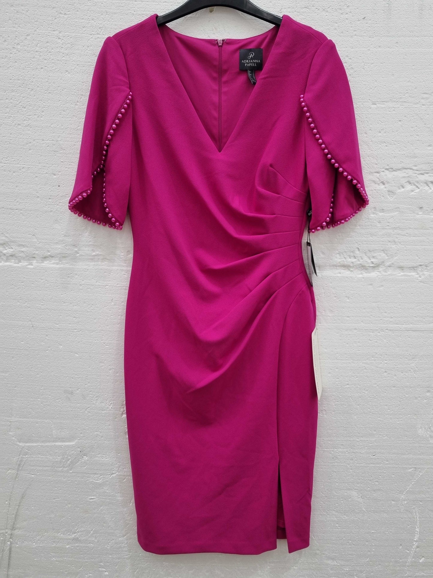 Adrianna Papell Pleated Imitation Pearl Trim Crepe Sheath Dress In Hot Orchid Pink UK 10