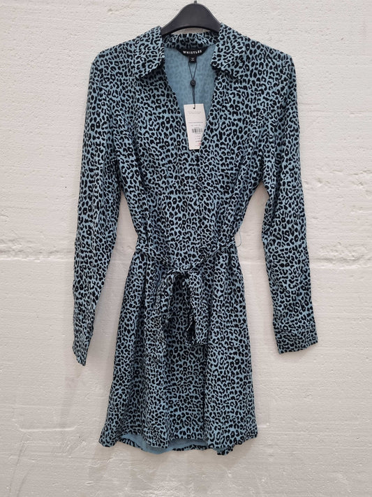 Whistles Contrast Leopard Belted Dress Blue UK 8