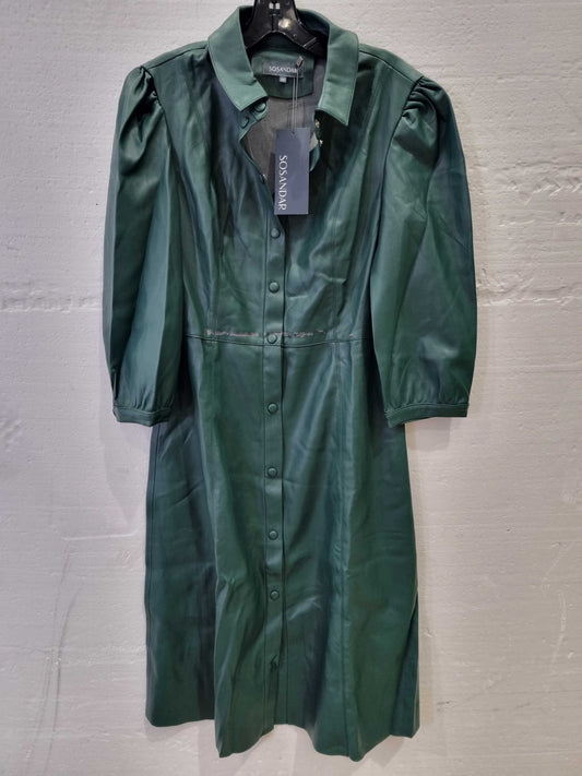 Sosandar Green Faux Leather Popper Front Shirt Dress Green UK 14