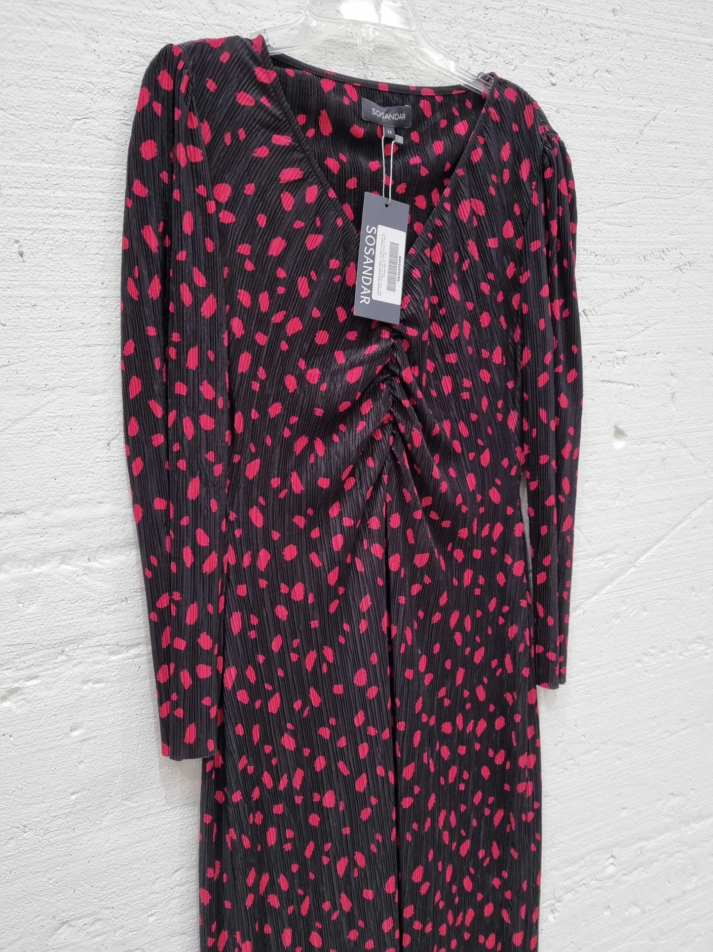 Sosandar Black & Pink Fleck Print Plisse Twist Front Jersey Dress Pink UK 14 Pink UK 14